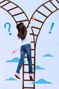 Vertical photo collage of little schoolgirl preteen climbing heaven sky choosing route ladder doubts dilemma her future