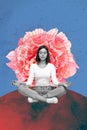 Vertical photo collage of minded calm girl meditating yoga practice retreat relax trance peony flower bud isolated on