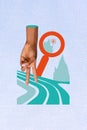 Vertical photo collage picture funny human hand body fragment walk two fingers go step magnifying loop road path drawing