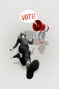 Vertical photo collage picture young running girl showing activism vote proclaim loudspeaker democracy rights drawing
