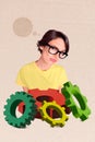 Vertical photo collage of serious puzzled business girl pile gears mechanism optimization process bubble isolated on