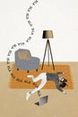 Vertical photo collage of sleepy girl lie floor home carpet armchair torchere remote work talk macbook video isolated on