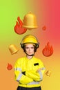 Vertical photo collage standing young girl firewoman life rescuer emergency fighter equipment urgency dancer burning