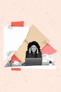 Vertical photo collage of upset depressed american girl frown headache sit macbook crumpled paper deadline isolated on Royalty Free Stock Photo