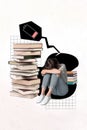 Vertical photo collage of upset girl sit library stack book preparation exam low level battery tired recharge isolated