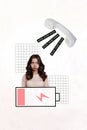 Vertical photo collage of upset tired girl telephone call say work workload low level battery tired recharge isolated on