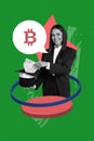 Vertical photo collage of woman magician get cash money hat bitcoin text box trader wealth rich token show isolated on Royalty Free Stock Photo