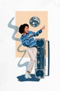 Vertical photo collage of young carefree dancing overjoyed girl hipster cassette player boombox rhythm disco ball doodle