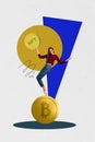 Vertical photo collage young happy girl eyewear glasses standing balance golden huge coin btc earnings drawing Royalty Free Stock Photo