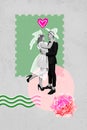 Vertical photo collage of young lovely couple student hugs together carefree dance celebrate marriage wedding day Royalty Free Stock Photo