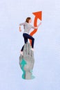 Vertical photo collage young runner ambitious lady achieve goal dream hand body fragment indicator arrow rise upwards