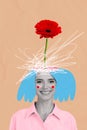 Vertical photo collage young smiling carefree girl flower gerbera red blossom beauty natural organic flora environment