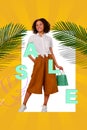 Vertical photo collage young woman in shopping center buying clothes staff for summer resort tour vacation sale prices Royalty Free Stock Photo