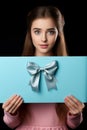 Vertical photo. cute girl holding envelope with bow, blank space for text, greeting card concept