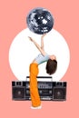 Vertical photo dancing rhythm catch vibe lady hands up waves disco ball glowing listening retro music cassette