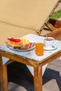 Vertical photo of delicious breakfast in the luxury resort Royalty Free Stock Photo