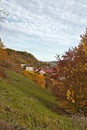 Vertical photo of a european town on a hill among autumn trees