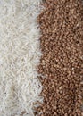 Vertical photo full frame of rice and buckwheat grains