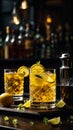 Vertical photo of glass of yellow cocktail vine with ice on bar counter