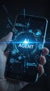 Vertical photo of a hand holding a smartphone with AI Agent interface. Futuristic mobile technology and digital assistant concept Royalty Free Stock Photo