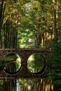 Vertical photo from long distance of girl on stone bridge over small river in park