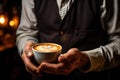 Vertical photo of a man serving milk in a cup of cappuccin Royalty Free Stock Photo