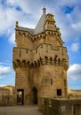 Vertical photo of the medieval tower of the Three Crowns of the Olite palace or castle in Navarra