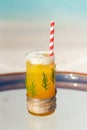 Vertical photo of new year and christmas theme cocktail with straw and pine leaves on the glass on the beach Royalty Free Stock Photo