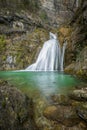 Vertical photo of one of the blue pools of the Mundo River waterfall after the February outburst in Albacete Royalty Free Stock Photo