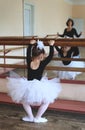 Vertical photo of the process of performing ballet pas under the supervision of a teacher