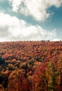 Vertical photo a scenic view of beautiful and colorful hills with blue sky and a many clouds. Autumn nature - top of a hill with