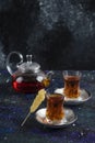 Vertical photo of tea table. Teapot and two glass tea Royalty Free Stock Photo