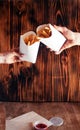 Top view of French fries. The concept of fast food, quick bites and restaurants for catering. Potatoes in carton and ketchup. Royalty Free Stock Photo