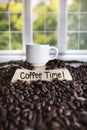 Vertical photo white ceramic espresso cup dark coffee beans coffee time! sign