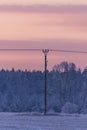 Single electrical pillar in front of frozen trees Royalty Free Stock Photo