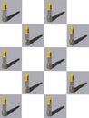 Vertical photo of yellow and silver lipstick chess pattern repeating pattern on gray and white background