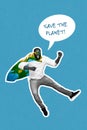 Vertical photo of young man fighting for planet ecology social demonstration issues guy wear cape world map print on it