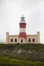 Vertical photograph of the Cape Agulhas lighthouse. This lighthouse divides the Atlantic Ocean and the Indian Ocean in South
