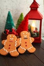 Christmas lantern red colorful trees and gingerbread men Royalty Free Stock Photo