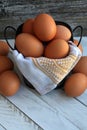 Vertical photograph of v of Eggs close up inside a bucket