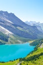 Vertical picture of amazing Oeschinensee, Oeschinen Lake, in Swiss Alps by Kandersteg. Turquoise lake with mountains and rocks in