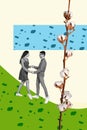 Vertical picture artwork illustration collage of two lovers couple affection springtime growing cotton flower isolated