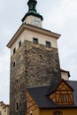 Vertical picture of the Black Tower Cerna Vez, in the picturesque town of Loket, in Czech Republic