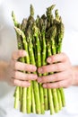Vertical picture of bundle of green asparagus in hands of man. Mens hands pick bunch of fresh asparagus. Healthy food, vegan,