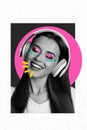 Vertical picture collage cheerful pretty smiling girl headphones smile music listener joyful positive mood drawing