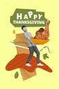 Vertical picture collage of funky cheerful guy hold carry plate tasty breakfast baked turkey meat isolated on drawing