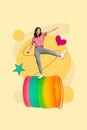 Vertical picture 3d collage artwork poster of crazy funky girl celebrate win stand spiral coil toy have fun isolated on