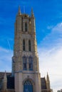 Vertical picture of the facade of Saint Bavo Cathedral Sint-Baafskathedraal in Sint-Baafsplein in Ghent, Belgium, during a sunny