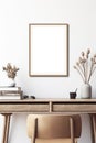 Vertical picture frame with passe-partout mockup in home interior, blank copyspace, light tones, artwork mock-up. Generative AI