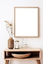 Vertical picture frame with passe-partout mockup in modern interior, blank copyspace, light tones, wall art mock-up. Generative AI